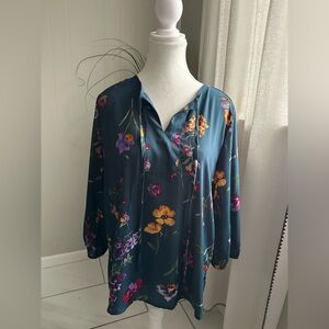 West Kei Floral Blouse - Teal with Multicolor Floral Accents